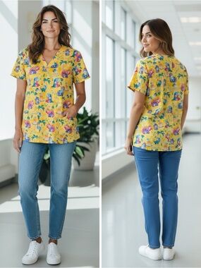 NWT Cherokee Yellow V-Neck Baby Saur  Dino Print Scrub Top Size XL
